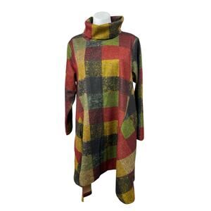 Buykud Multicolor Plaid Check Turtleneck Long Sleeve Mini Sweater Dress Size M/L